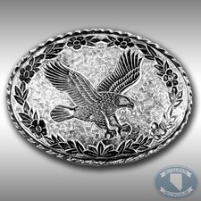 Belt Buckle American Bald Eagle Oval Flowers Border Western Filigree USA Made