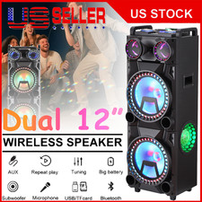 Dual 12" Woofer Bluetooth Party Speaker Portable Mic FM Rechargeable LED Light