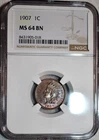 NGC MS-64 BN 1907 Indian Head Cent, Attractively Toned specimen.