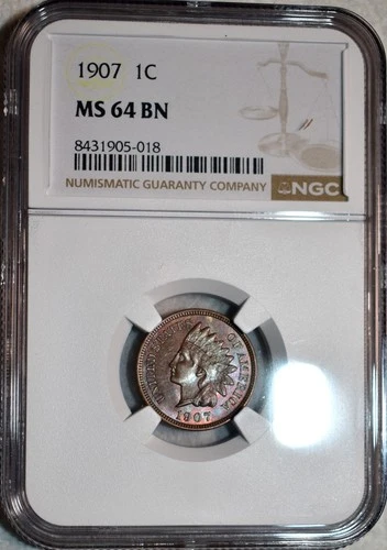 NGC MS-64 BN 1907 Indian Head Cent, Attractively Toned specimen.