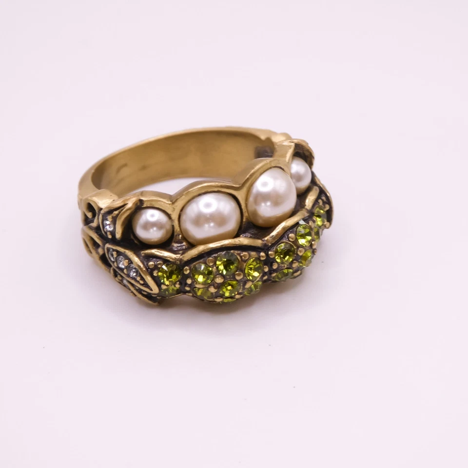 HEIDI DAUS Green Swarovski Pea Pod Rhinestone Sz 8.5 Bronze Statement Ring - Image 2 of 4
