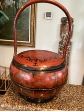 Antique Chinese Wooden Wedding Basket - Bent Handles