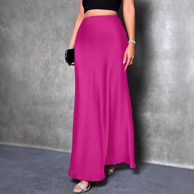 Women Ribbon Satin Long Skirts Summer High Elastic Waist Pleated Fake Mermaid Sk