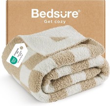 Bedsure Checkered Fleece Throw Blanket Beige 50x60