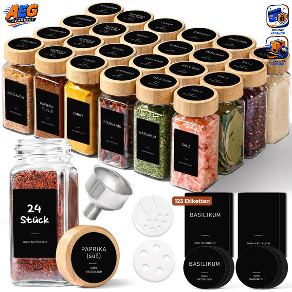 GewüRzgläSer Eckig 24×120Ml Mit Etiketten Bambusdeckel Edelstahltrichter-image