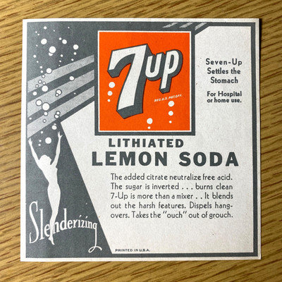 1930s 7UP SODA POP vintage unused bottle label LITHIATED LEMON SODA Slenderizing