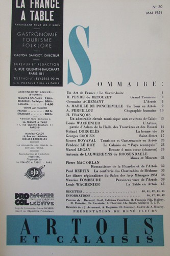GASTRONOMIE TOURISME FOLKLORE REVUE LA FRANCE A TABLE de 1951 N° 30 ARTOIS - Picture 2 of 2