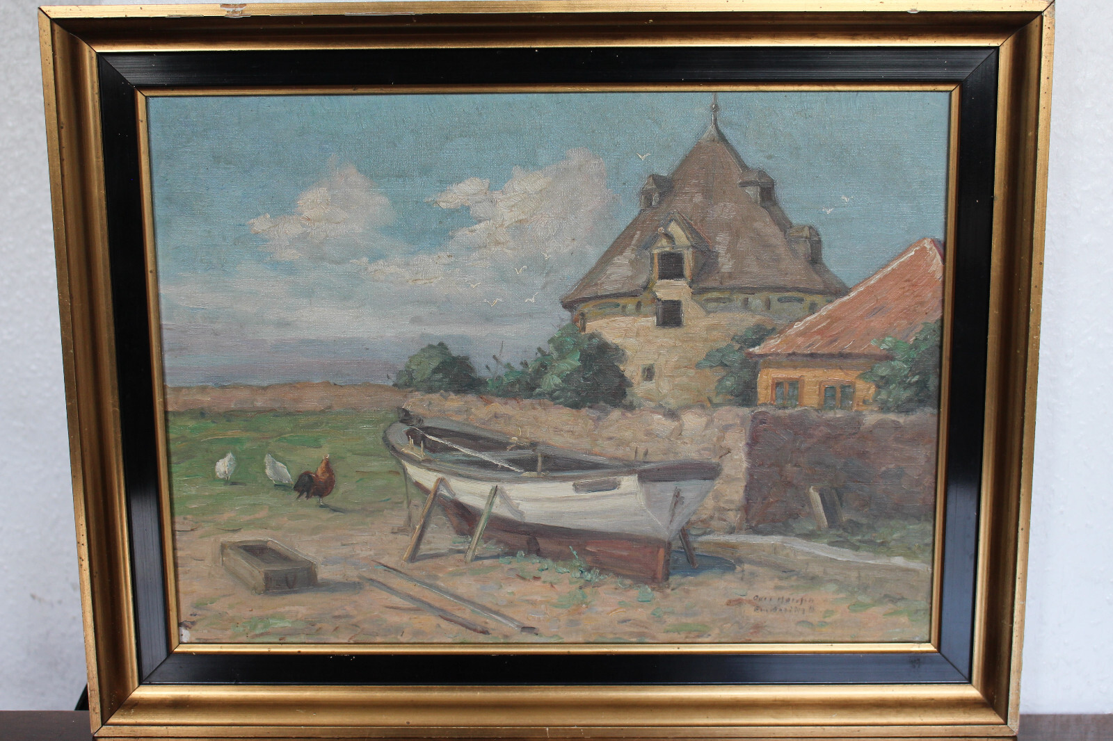 DEKORATIVES DÄNISCHES GEMÄLDE "BOOT VOR HOF" SIGNIERT #11378