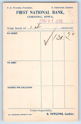 Corning Iowa IA Postal Card First National Bank 1907 Antique Creston IA