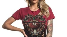New Women's Affliction Black Label Dagger Heart w/Stones Red Tee T-Shirt XS-XL