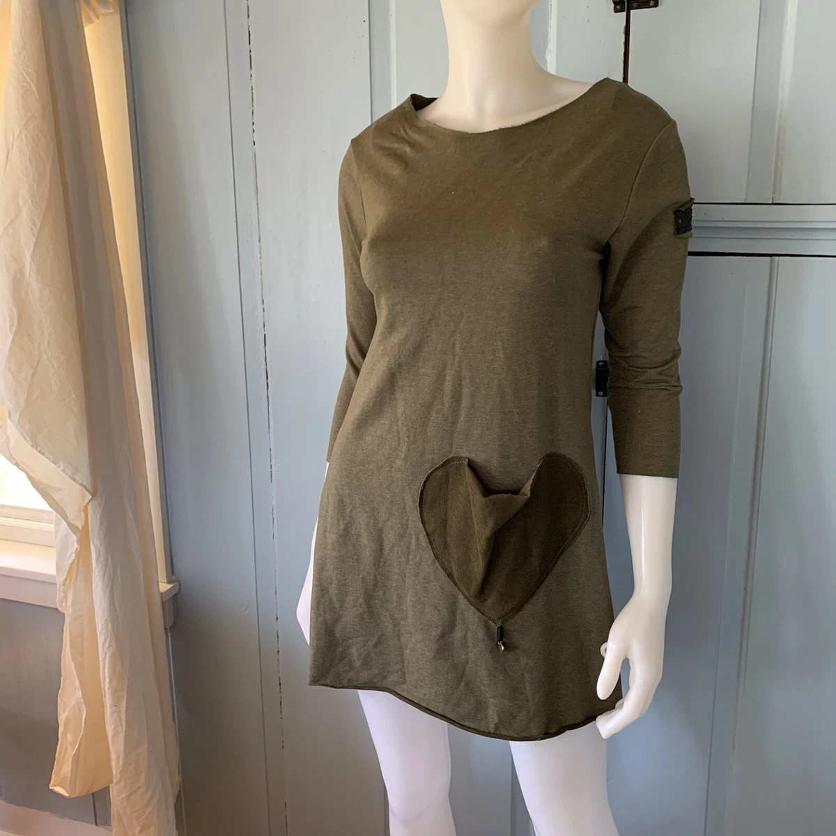 Moe BeWear Robert Kotas Dress Small Lagenlook Heart Tunic Knit Mini Army Green