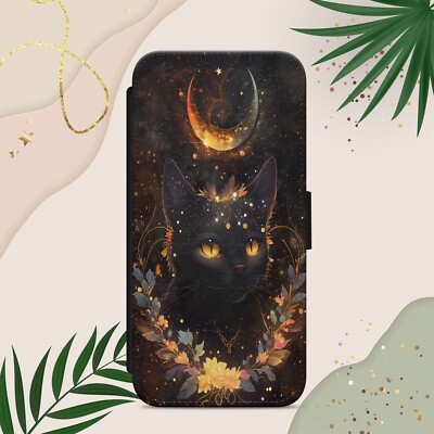 SCHWARZE KATZE MOND HANDYHÜLLE FÜR IPHONE SAMSUNG PIXEL WITCHY FLIP WALLET
