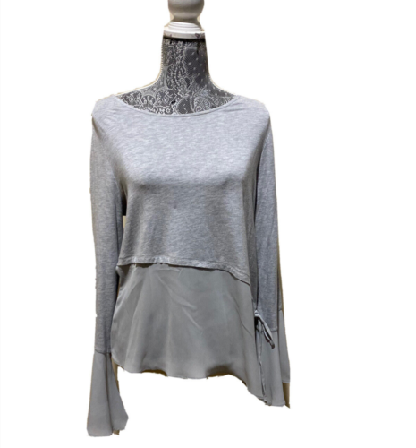 Bar III Women L Blouse Bell Sleeves Shirt Sheer Panel Layered Gray Asymmetrical