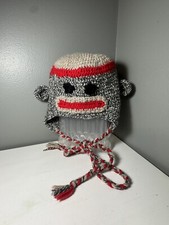 Sock Monkey Knit Beanie Crochet Handmade Ear Flaps Winter Hat