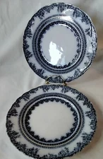 Antique English Flow blue plates New Wharf Pottery Florence roses 1890's 2pcs