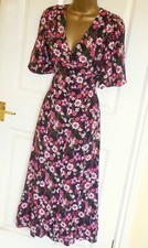 Black vintage floral print summer party midi tea day festival dress size 14