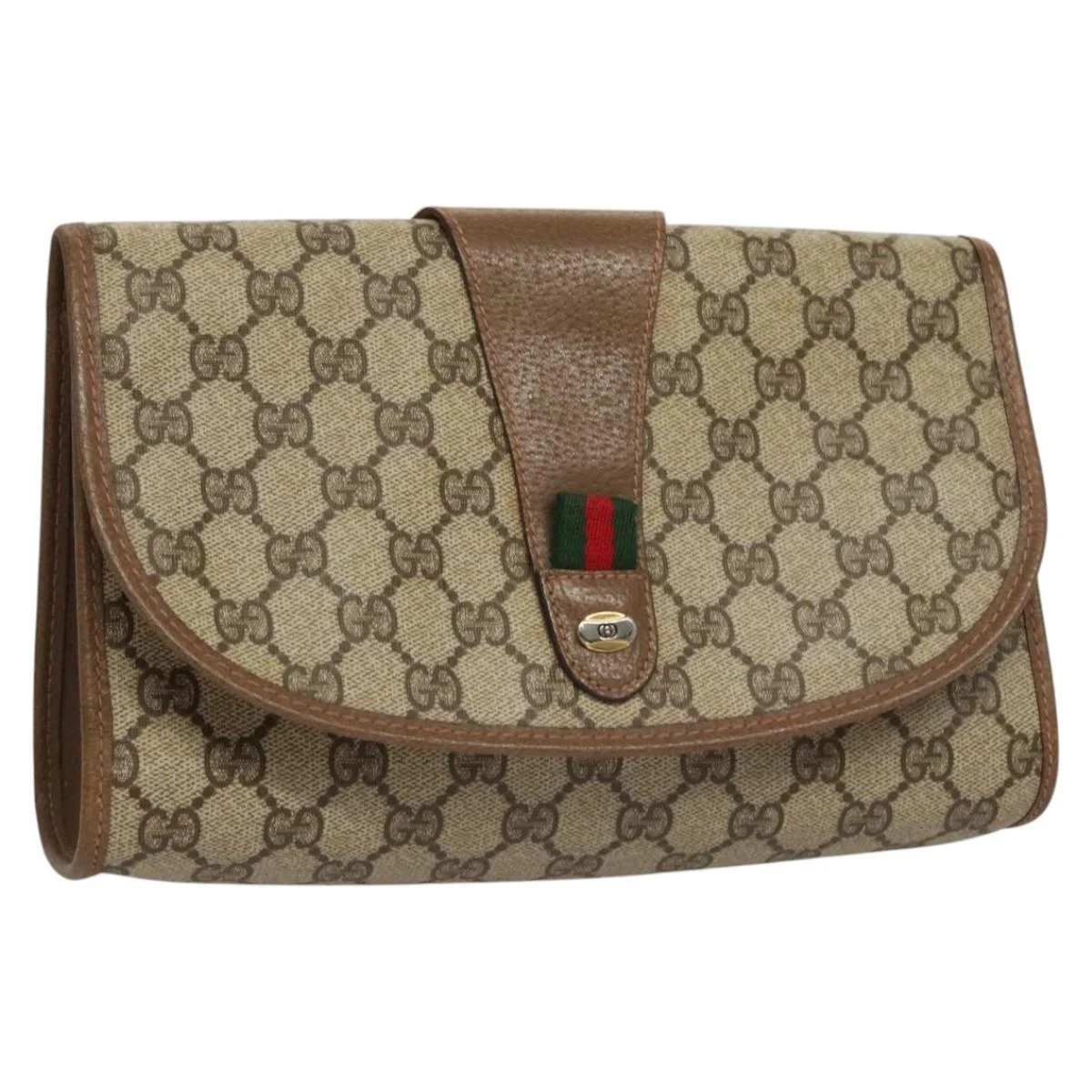 Sac pochette GUCCI GG Supreme Web Sherry Line PVC beige or 89 01 030 authentique th5803