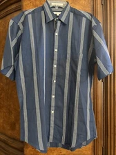 VTG EUC Perry Ellis Mens Short Sleeve Striped Shirt Linen Blend Small Blue/White