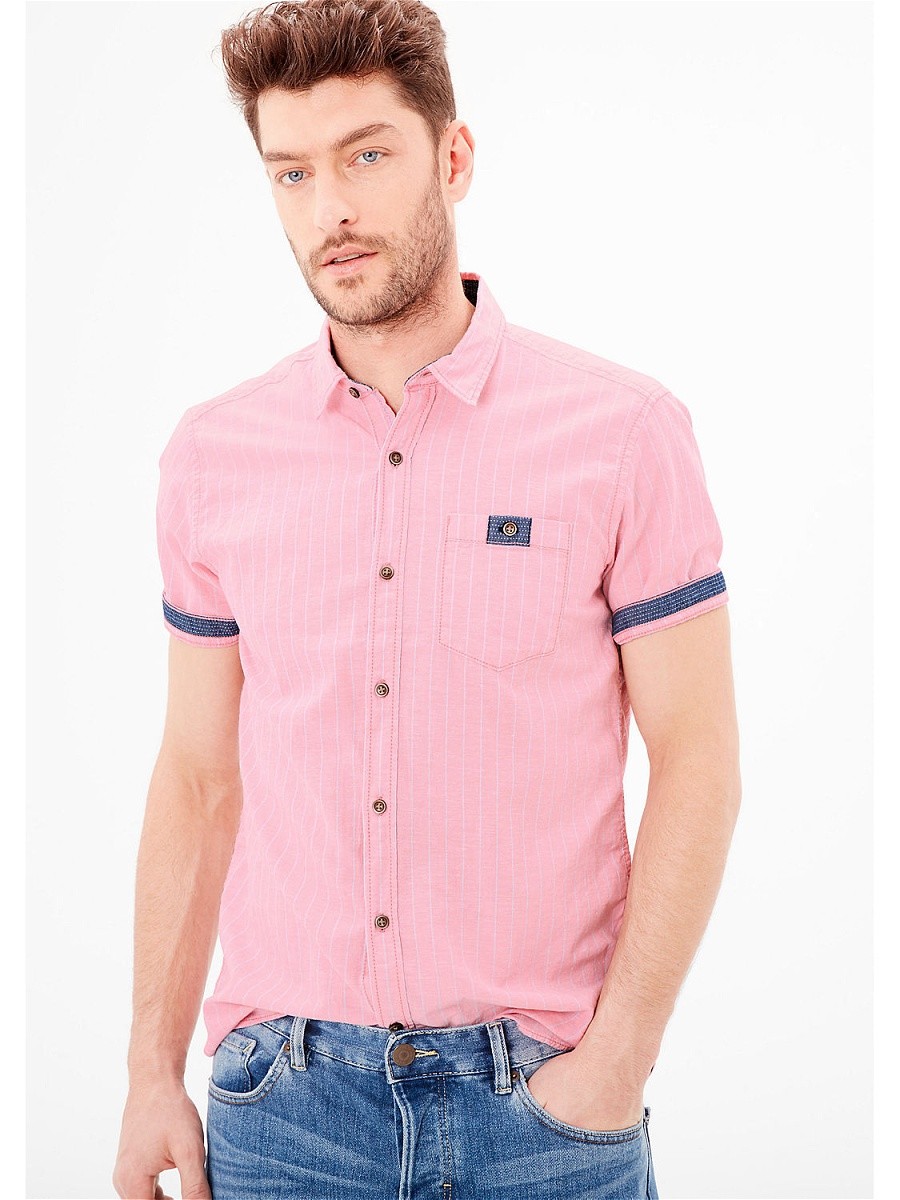 New S. Oliver Men's Pink & Light Blue Stripe Short Sleeve Button Shirt Sz S  (US) | eBay