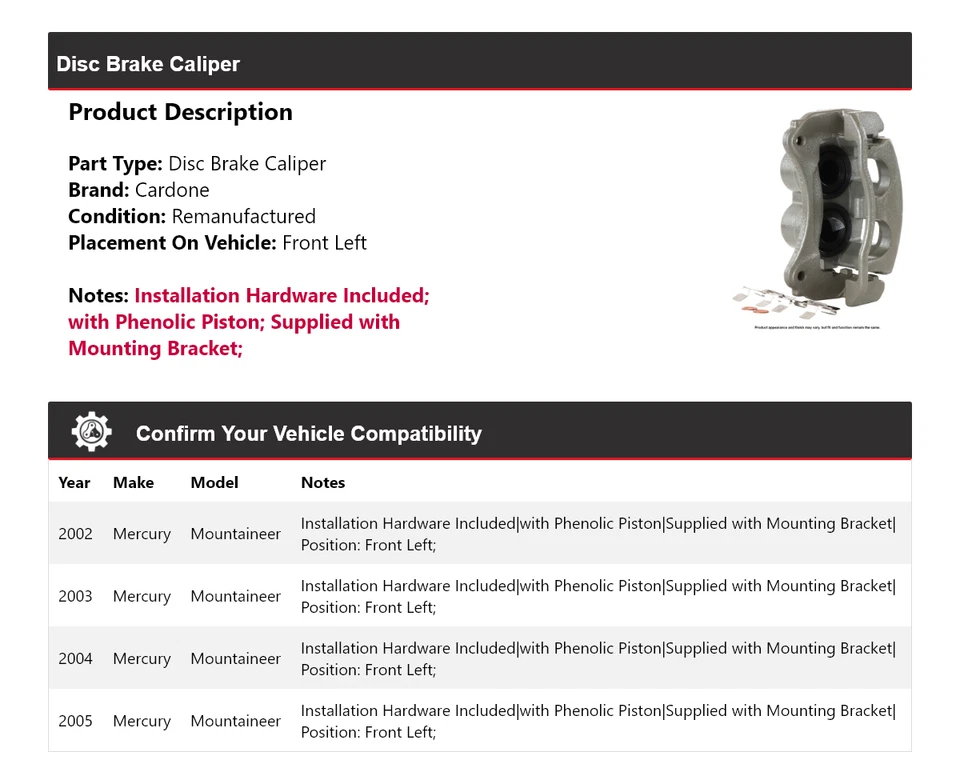Pinça de freio a disco dianteira esquerda Cardone 2003 Mercury Mountaineer 2002-2005 - Imagem 2 de 4