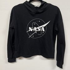 NASA Cropped Hoodie Youth 12/14 Black H M Graphic Pullover Sweatshirt Space