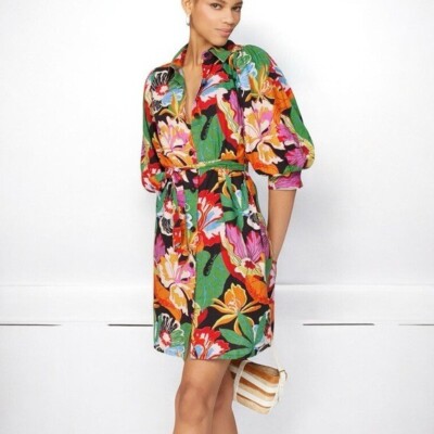  SCOTCH & SODA Floral Puff Sleeve Linen Blend Shirtdress Size 36