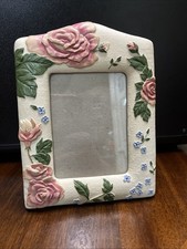 Rose Garden W/Blue Flowers Ivory Tone 5 X 7 Ceramic Photo Frame