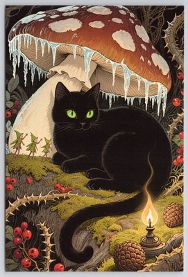 Black Cat Under Mushroom with Elves Fantasy Art New 2025 Postcard UNP 4x6