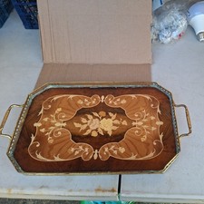  Italian Style Tray Wood Inlay Brass Elegant Handles  16.5 x 9" Serve mcm