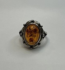 Vintage 925 Sterling Silver Oval Natural Amber Ring / Size 7
