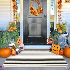 KOZYFLY 3'x5' Cotton Area Rug, Black and Beige Striped Outdoor Rug, Hand-Woven,