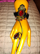 Black Lace with RED RhinestoneJewelry.Bracelet w. attached Ring. adjustable B3