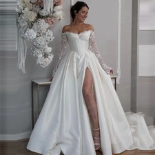 Luxury Glitter Satin Wedding Dress A Line Sequined Bride Gowns Long Sleeve Split