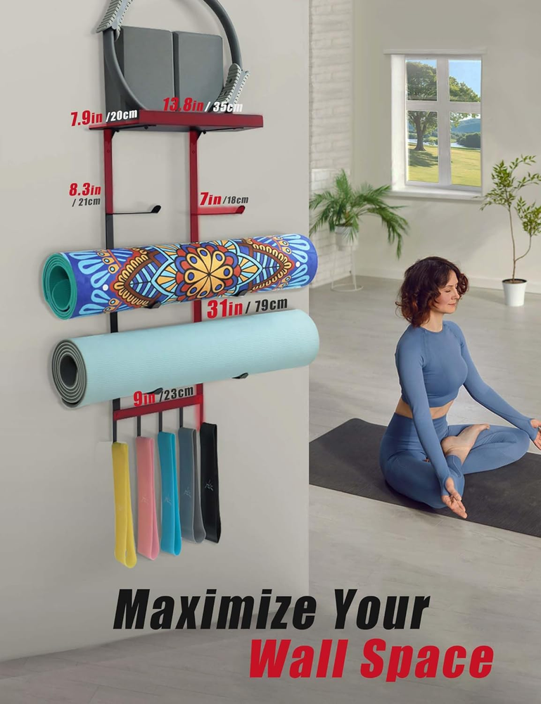Yoga Mat Wall Holder with 4-Tier Storage and Top Shelf for Home Gym