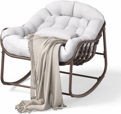 Outdoor Papasan Rocking Chair, Oversized Wicker Lounge Chair with Cushion and Me
