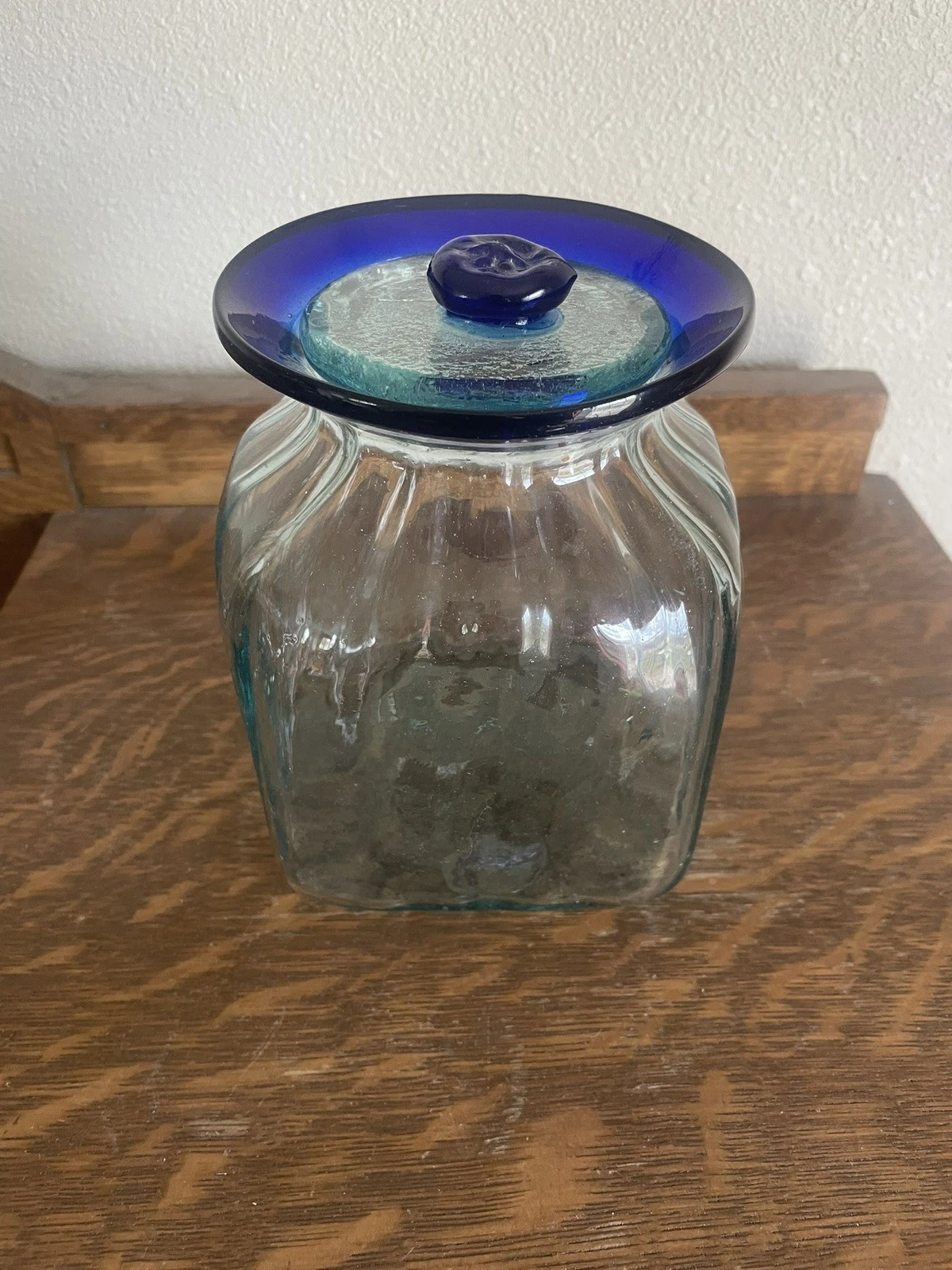 Vintage Hand-Blown Glass Canister | Cobalt Blue Rolled Rim & Lid