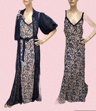 VTG 1930s COLD RAYON Bias Cut Garden Party GOWN w/Matching BALLOON SLV MESH COAT