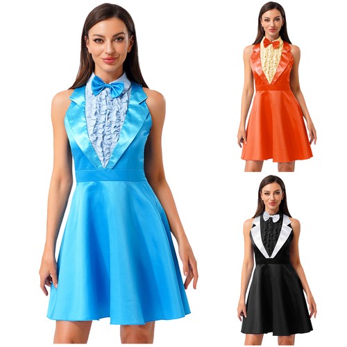Women's Dumb Dumber Dress Bowtie Lapel Sleeveless Ruffled Chest A-line Costume - Picture 2 of 40