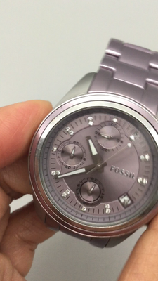 Vintage Fossil Silver-Tone Watch with Purple Dial, Crystal Markers, 6.5\