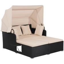 Image of Garden Rattan Daybed, 2 Seater Wicker Sun Bed Lounger with Retractable Canopy