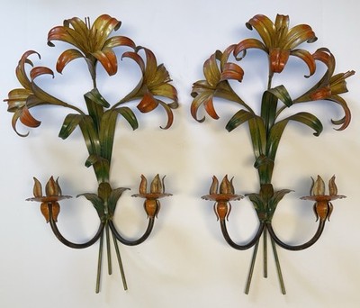 Vintage 70s Italian Toleware Lily Wall Sconces Pair Regency Metal As-Is No Light