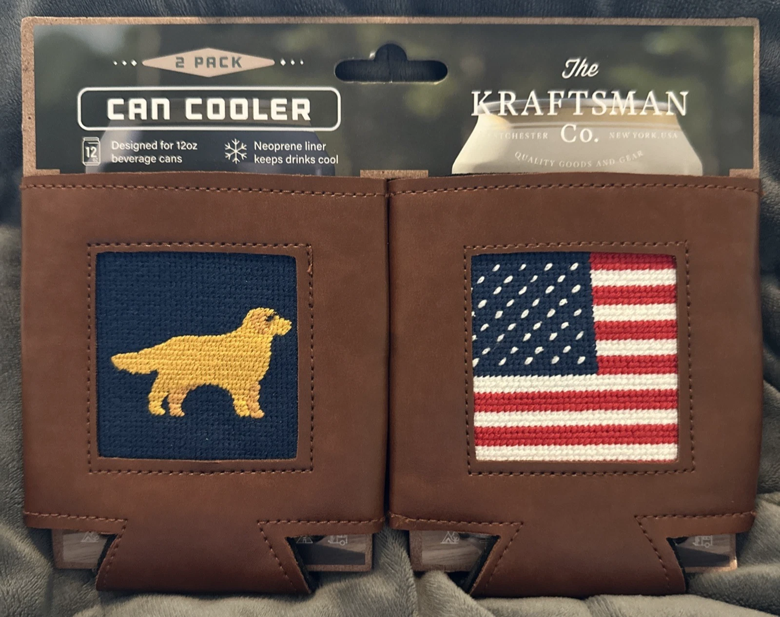 NEW 2 Leather Can Coolers Koozie Embroidered Golden Lab Dog USA Flag Needlepoint