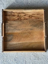 Crate & Barrel Wooden Serving Tray Copper Color Metal Handles 16” X 2”