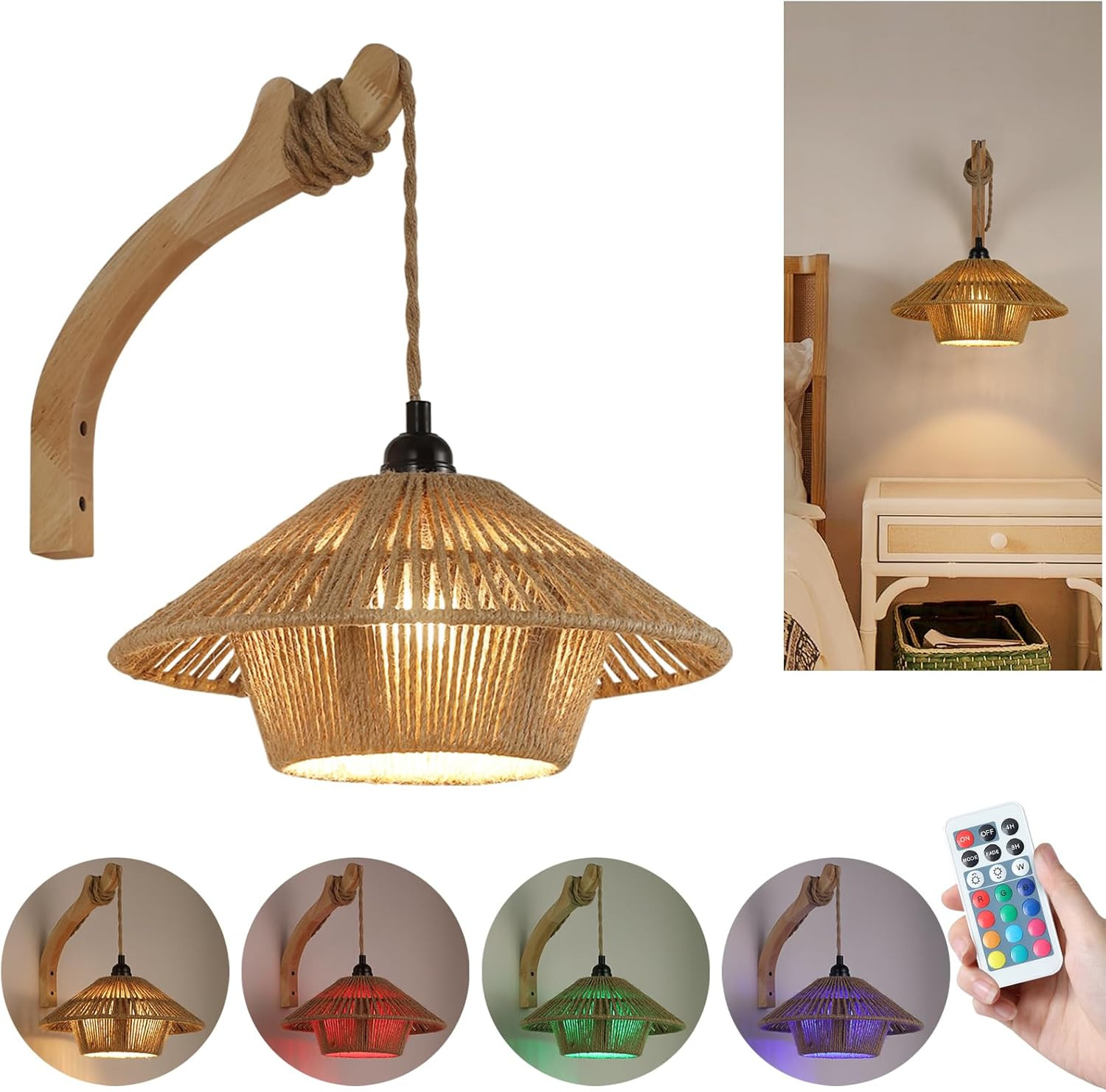 Battery Operated Large Wall Sconce,Wireless Rechargeable Woven Rattan Boho Sconc