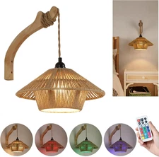 Battery Operated Large Wall Sconce,Wireless Rechargeable Woven Rattan Boho Sconc