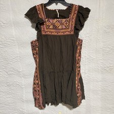 Free People Day Glow Embroidered Mini Dress Bitter Olive Brown S