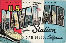Large letter Greetings San Diego Calif Postcard 1930s Military Naval Air Station