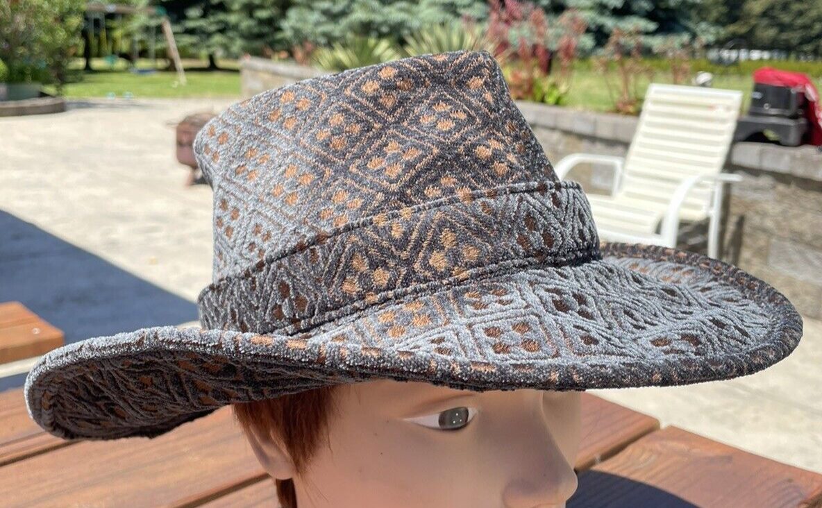Boho Fedora Hat Size 7 1/8 M Upcycled Blue Gold Upholstery Fabric Cowboy Style-image