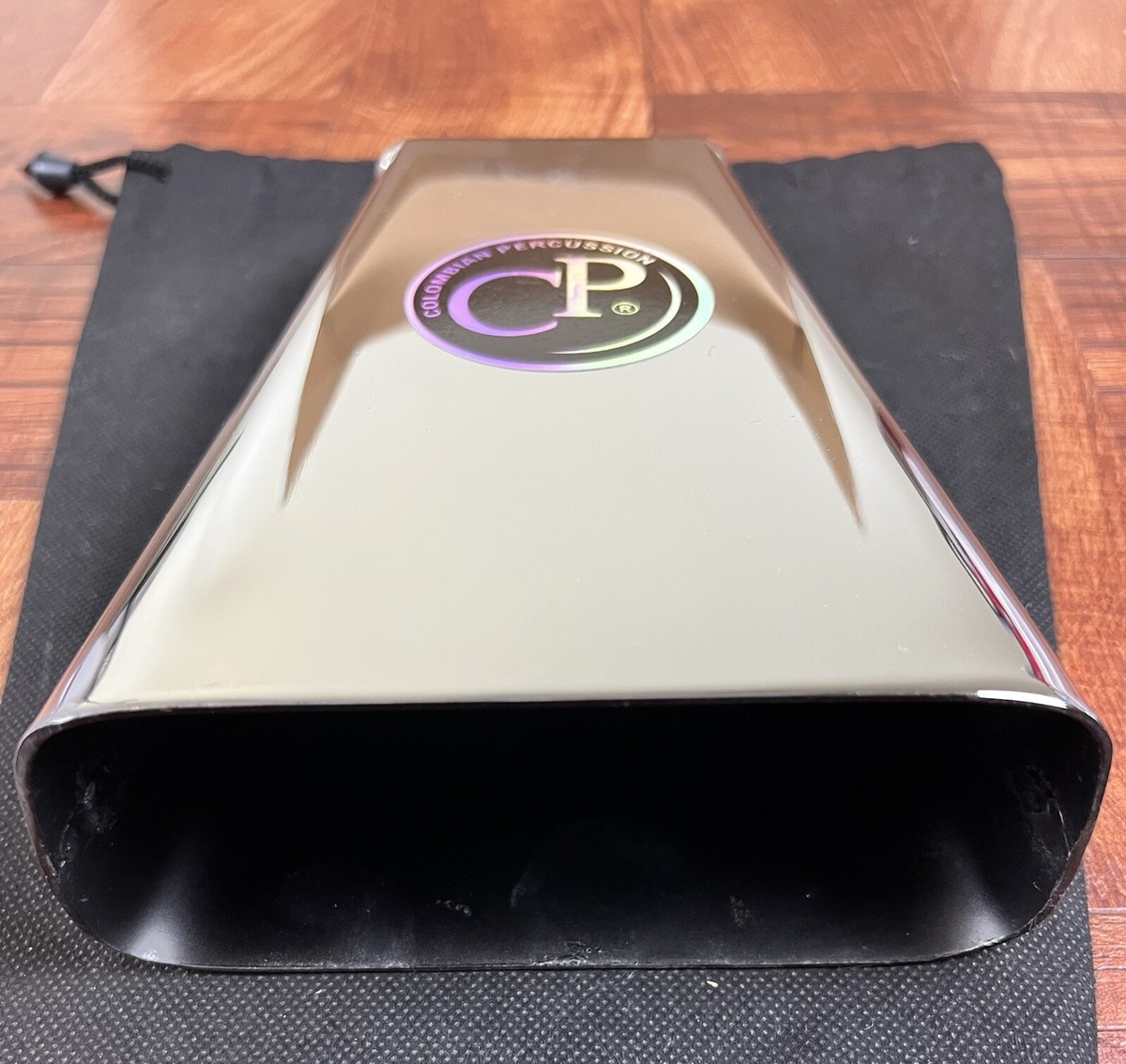 Handheld Cowbell + Bag. Colombian Percussion, Polished Chrome