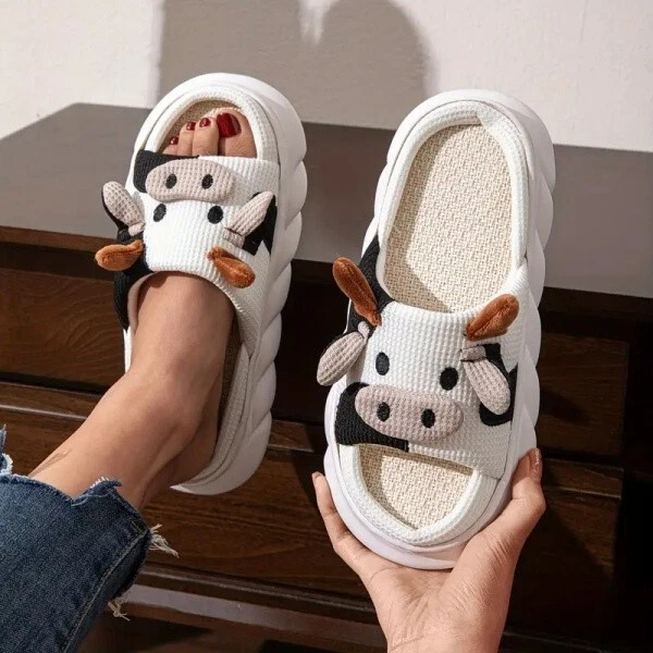 Zapatillas de vaca para mujer/hombre cómodas algodón lino Kawaii Cloud Slides Foto 3 de 4